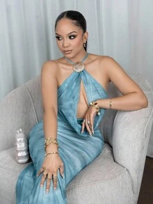 Melissa Matos Solid Blue Color Backless Spaghetti Strap Bodycon Dress, Elegant Beach Holiday Dress, Backless Long Dress, Spring/Summer,Bohemian Clothes,Bodycon Dress