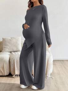 SHEIN 2pcs Maternity Casual Solid Asymmetric Top And Pants Set Maternity Matching Set Maternity Palazzo Pants 2 Piece Maternity Set Pregnancy Clothes Maternity Clothes Two Piece Outfits - Grey - View 6
