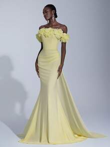 Elitara 优雅奢华的露肩 3D 花卉美人鱼尾连衣裙，采用雪纺、弹力针织面料，适合婚礼、派对、度假、庆典、正式活动 - 淡黃色 - 查看 2