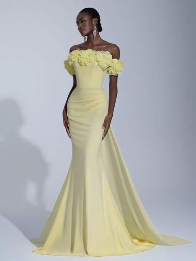 Elitara 优雅奢华的露肩 3D 花卉美人鱼尾连衣裙，采用雪纺、弹力针织面料，适合婚礼、派对、度假、庆典、正式活动