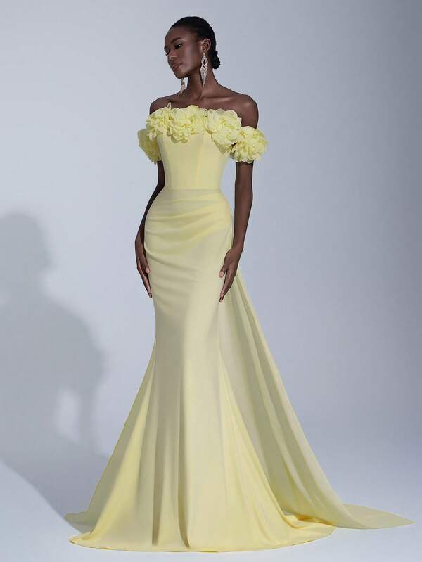 Elitara Elegant & Luxurious Off Shoulder 3D Floral Mermaid Tail Dress With Chiffon,Stretchy Knit Fabric Suitable For Weddings,Parties,Galas,Formal Events