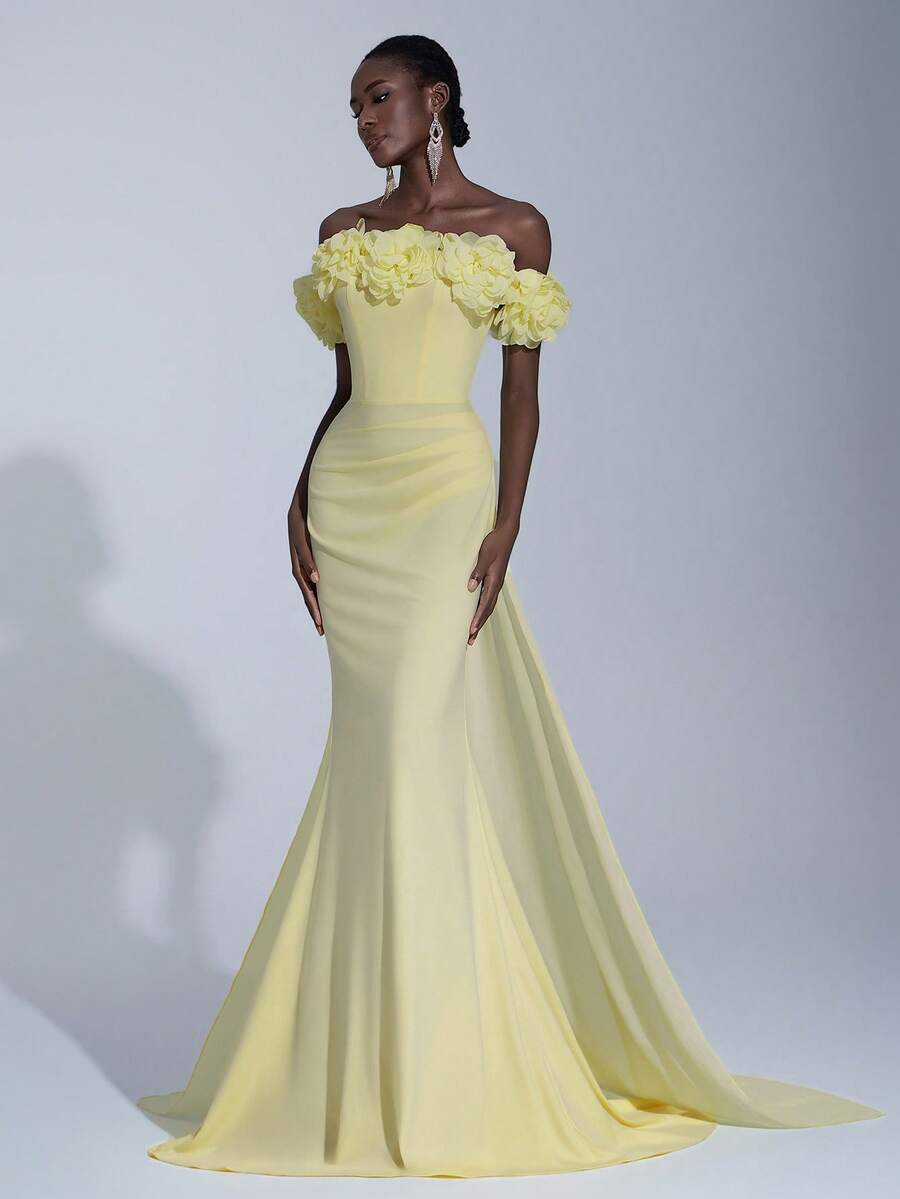 Elitara 优雅奢华的露肩 3D 花卉美人鱼尾连衣裙，采用雪纺、弹力针织面料，适合婚礼、派对、度假、庆典、正式活动