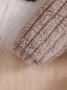 SHEIN Baby Girls' Autumn/Winter Solid Color Striped Hooded Jacket, Fashionable Design With High-Quality Soft And Comfortable Fabric, Solid Color Simple Style With Plush 3D Ear Design, Loose Fit Suitable For Outdoor Play, Indoor Leisure, Sports And Parties - Mocha Brown - View 3