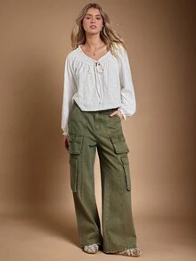 WESTFADE 100% 竹节针织棉 V 领长泡泡袖蝴蝶结前摆上衣可爱秋季上衣，女士休闲波西米亚风，乡村西部音乐会，秋季，秋季，冬季 - 白色 - 查看 1