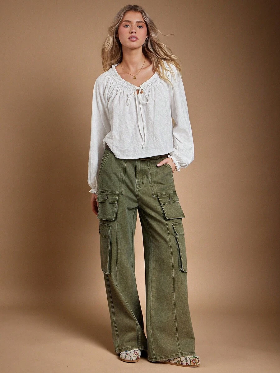 WESTFADE 100% 竹节针织棉 V 领长泡泡袖蝴蝶结前摆上衣可爱秋季上衣，女士休闲波西米亚风，乡村西部音乐会，秋季，秋季，冬季 - 白色 - 查看 1