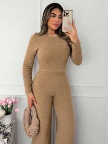 Xyvia Women's Elegant Fitted Solid Color Long Sleeve Top And Loose Pants Knit Two Pieces Set, Autumn/Winter