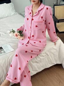 SHEIN 2件套粉色条纹爱心印花翻领长袖上衣和裤子睡衣套装，秋冬服装 - 紅色 - 查看 6
