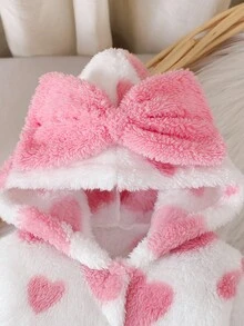 女婴可爱心形图案小熊毛衣、蝴蝶结保暖羊毛连帽上衣和配套毛绒裤套装 - 粉色 - 查看 4