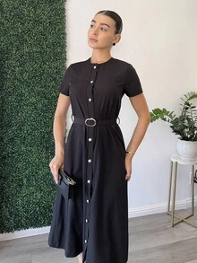 Andrea Bello Women's Solid Color Short Sleeve Single-Breasted Casual Commuting Mid-Length Dress - Black - View 5