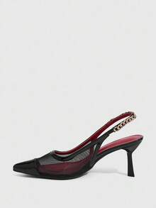 CUCCOO SZL Sepatu Hak Tinggi Wanita Ujung Lancip, Dekorasi Rantai Logam, Bagian Atas Jala, Lapisan Merah Seksi, Desain Tanpa Punggung Elegan, Sandal Hak Asimetris - Hitam - View 5