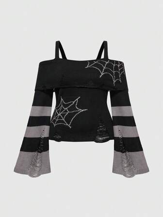 Goth Suéter de talla grande con diseño de telaraña recortado, cintura ceñida y hombros descubiertos, estilo gótico punk, para Navidad