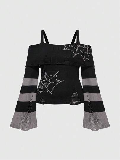 Goth Suéter de talla grande con diseño de telaraña recortado, cintura ceñida y hombros descubiertos, estilo gótico punk, para Navidad