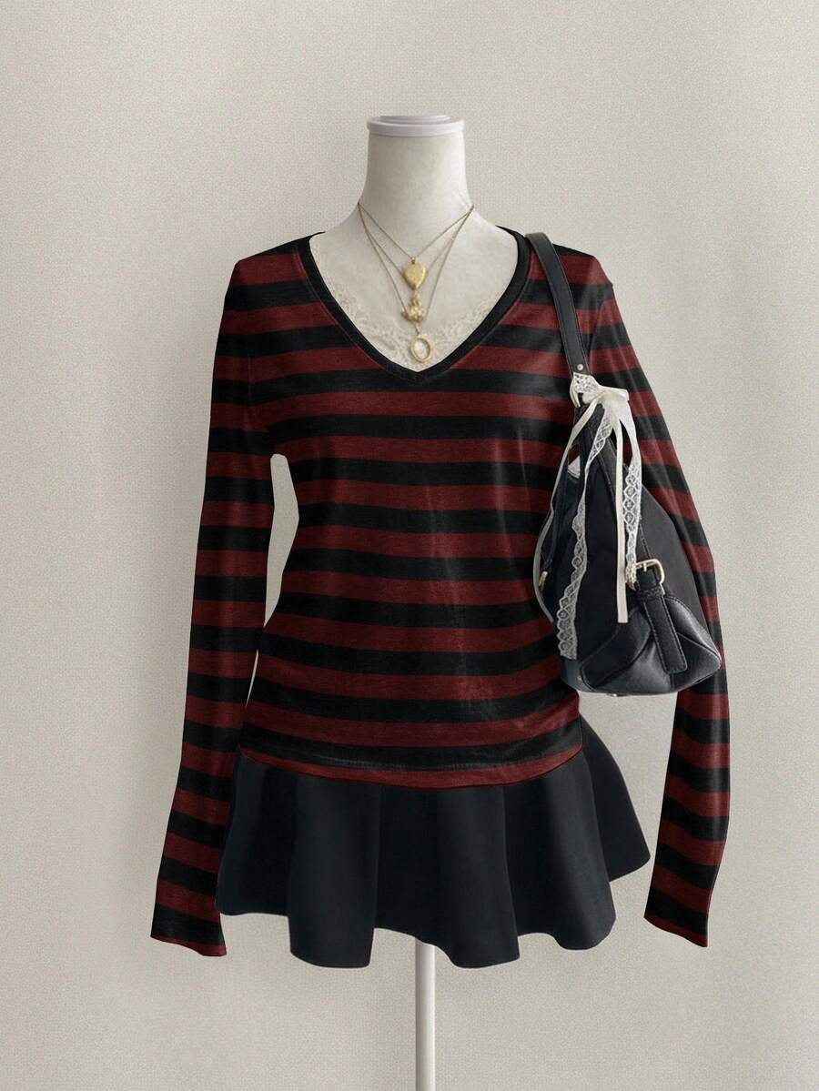 Attitoon Women's V-Neck Striped Pattern Fitted Long Sleeve T-Shirt, Spring/Autumn - Multicolor - View 1