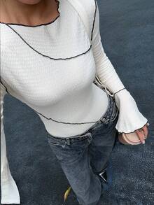 Siren Gaze Women's Casual Commuter Flare Sleeve Contrast Stitch Fitted T-Shirt, Elegant White Long Sleeve Top,Going Out Top, Country Concert,Autumn/Winter - Apricot - View 4