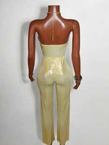 Mistrie Women Metal Decor Fitted Sexy Backless SleevelessMetellic Twisted Asymmetrical Ruched Mini Dress Prom  Jumpsuit - Gold - View 2
