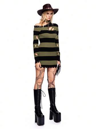 Grunge Punk pull rayé rouge et noir déchiré long