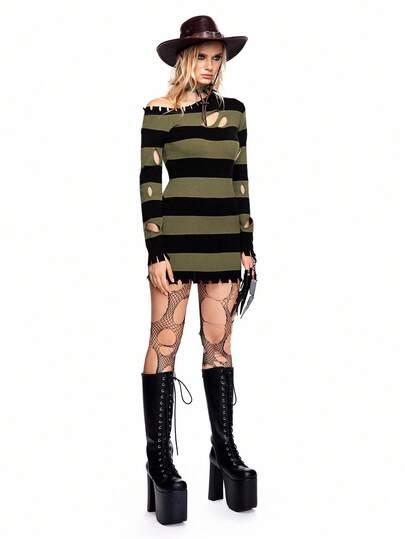 Grunge Punk Suéter de cuello alto a rayas rojas y negras con roturas