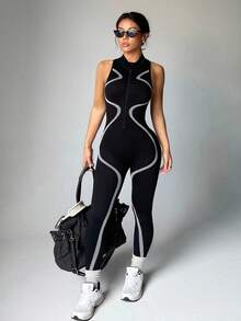 Dewbera 撞色饰边拉链前开无袖紧身连衣裤，夏季运动 - 黑色 - 查看 1