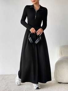 SHEIN EZwear 正面拉鍊 A 字連身裙 - 黑色 - 查看 5