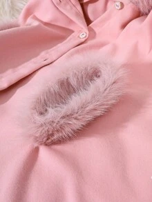 青少年女孩时尚可爱仿皮草拼布连帽斗篷大衣，秋冬 - 粉色 - 查看 6