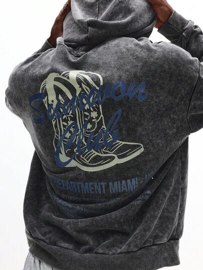 SUMWON Vintage Acid Wash Oversize Drawstring Hood Cowboy Boots Print Hoodie Streetwear Sweatshirt Western Style Loungewear Fall Winter Pullover Casual