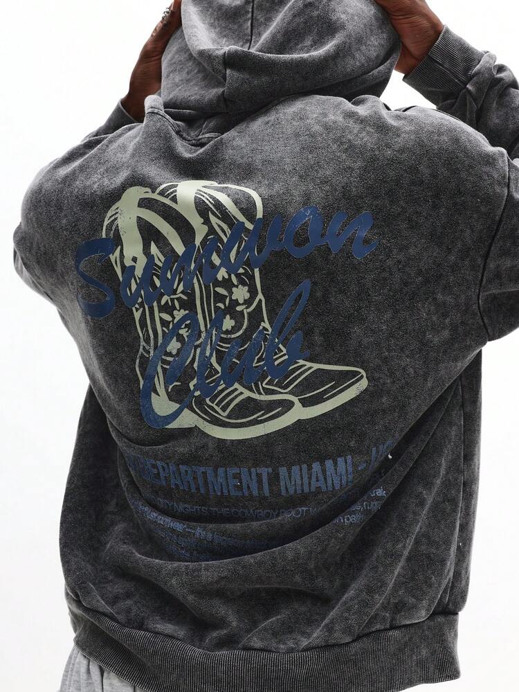 Acid Wash Hoodie With Western Boots Graphic Print