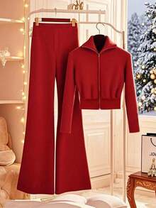 GlowEve 女式侧条纹印花拉链长袖上衣和喇叭裤两件套，秋冬 - 紅色 - 查看 8