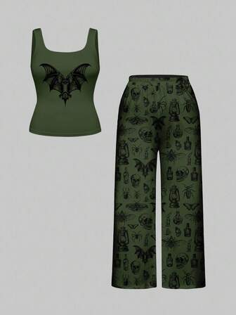 Goth Conjunto de pijama de top sin mangas y pantalones con estampado de insecto, murciélago y veneno, talla grande, ropa de estar en casa informal