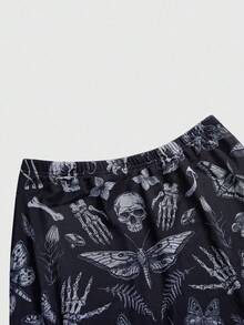 ROMWE Grunge Punk Women's Dark Gothic Bat, Skull, Moon, Pumpkin Print A-Line Punk Skirt - Black - View 3