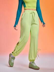 SHEIN Sovereign Charm Women's Casual Solid Color Drawstring Waist Hollow Out Twist Hem Sports Pants - Mint Green - View 3