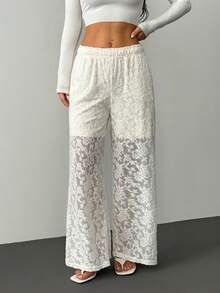 SHEIN PETITE 娇小女士花卉蕾丝弹力腰直筒优雅长裤，优雅女士，感恩节女士必备，蕾丝风格百搭高端休闲风 - 白色 - 查看 3