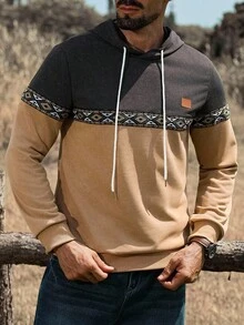 Manfinity Nomadique Men's Casual Contrast Texture Drawstring Hoodie, Spring And Autumn Outing Long-Sleeved Color-Blocking Hoodie, Gifts For Friends, Husbands, Boyfriends