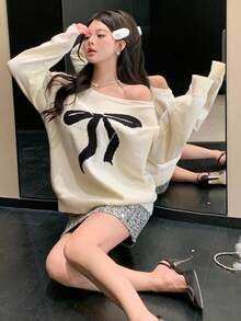 DAZY Autumn White Cute Graphic Date Bow Jacquard Color Block Off Shoulder Pullover Knit Sweater,Loose Casual Fashionable Collegiate Style For Christmas - Beige - View 2