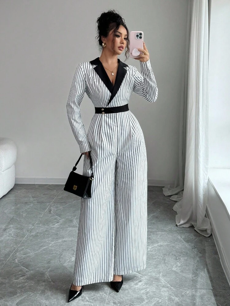 Rafferiza Women's Winter Commuter Black Patchwork Turndown Collar Long Sleeve Cinched Waist Striped Casual Jumpsuit - Black and White - View 3
