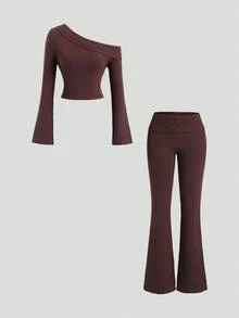 SHEIN Unity Bộ 2 áo len dài tay màu nâu không đối xứng vai và quần dài thoải mái cho nữ, Thu/Đông - màu nâu - Xem 3