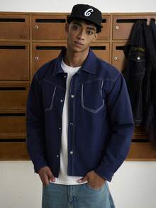 TOKVUE Young Men Contrast Color Stitching Navy Blue Jacket, Fall - Navy Blue - View 5