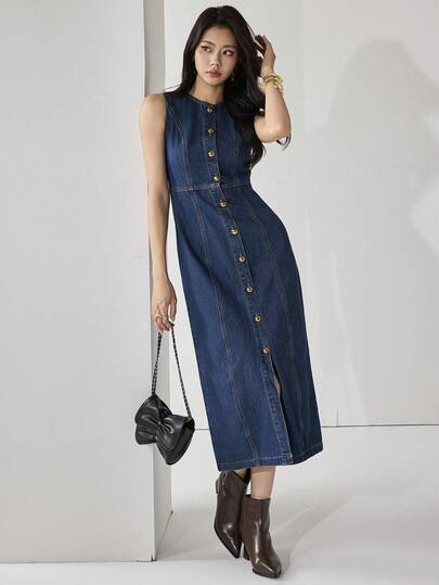 Heiryn 女式前扣无袖简约紧身连衣裙，适合日常穿着的休闲装