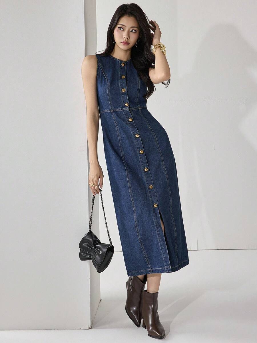 Heiryn 女式前扣无袖简约紧身连衣裙，适合日常穿着的休闲装 - 深色水洗藍 - 查看 1