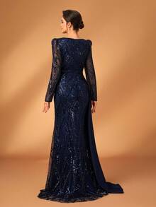 Serin Váy maxi đuôi cá dài tay voan xếp nếp, chất liệu satin co giãn, đính cườm và sequin sang trọng, thanh lịch, xẻ tà hai bên, thích hợp cho đám cưới, tiệc tùng, kỳ nghỉ, dạ hội, váy dạ hội cho mẹ cô dâu - Màu xanh hải quân - Xem 4