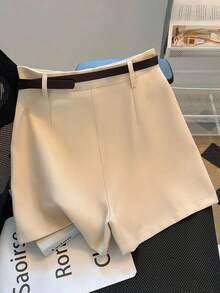 Franclia 休闲通勤时尚高腰腰带环卡其色纯色短裤女式夏季新款 - 卡其色 - 查看 2