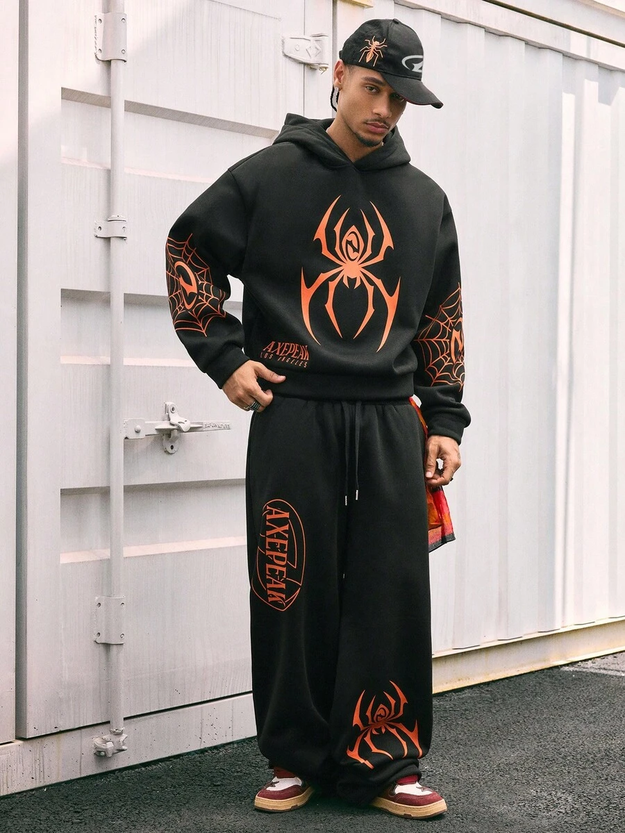 AXEPEAK طقم هوديي وبنطلون رياضي فضفاض بطبعة العنكبوت من AXEPEAK، ملابس رجالية مناسبة للخريف والشتاء