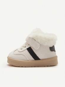 Cozy Pixies 1 Pair Kids Beige Fashion Classic Plush Warm Winter Shoes, Lightweight Easy Wear Hook And Loop Flat Comfortable Casual Suitable For Daily Outings, Sports, Campus Activities - Beige - View 9