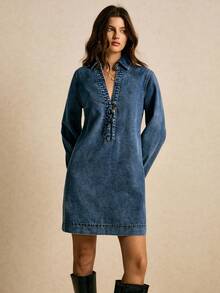 Poéselle 新款女士牛仔连衣裙宽松长袖翻领套头连衣裙秋冬连衣裙女秋季服装冬装女士冬季连衣裙圣诞连衣裙沙特国庆节连衣裙新年服装派对礼服毕业礼服女士正式礼服深蓝色牛仔连衣裙