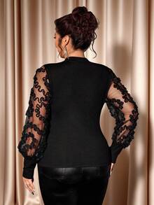 Elenzga Christmas Embrace Your Inner Shadow | Dark Feminine Fashion (Wednesday Aesthetic) Plus Size Fashionable Stand Collar Long Sleeve Elastic Knit Mesh Patchwork Luxurious Elegant Sexy Party Blouse, Slimming - Black - View 3