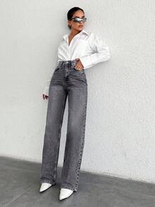 EURMUSE 100%Cotton High Waist Straight Leg Jeans PETITE - Grey - View 4