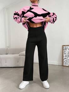 EURMUSE Conjunto de 2 piezas de suéter de contraste de color casual y pantalones de punto de unicolor para mujer, otoño/invierno - Rosa Pálido - Ver 5