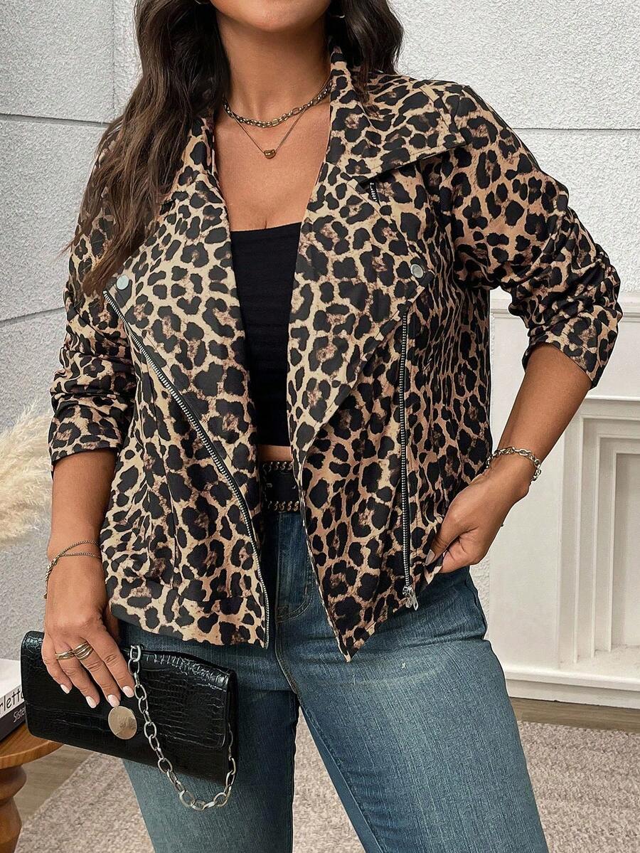 EMERY ROSE Áo khoác biker giảm béo họa tiết da báo cỡ lớn - Màu vàng - Xem 1