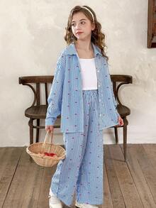 LMoss Kids LMoss Tween Girl 3 Pieces Set: Woven Striped Casual Shirt, Solid Knit Tank Top, And Leggings, Teen Girl Two Piece Set, Girl Spring Autumn Suit,Cozy Fall & Winter Styles,Long Sleeve