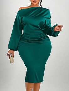 SOLERSUN Christmas Women's Fashion Solid Color Asymmetric Neckline Ruched Side Satin Bodycon Dress Maxi Women Outfit - Dark Green - View 6