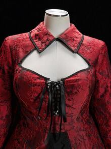 Sunspun 春/秋冬，优雅，新中式纹理提花面料拼布黑色梭织面料蕾丝边装饰立领泡泡袖A字连衣裙带系带装饰 - 彩色 - 查看 3